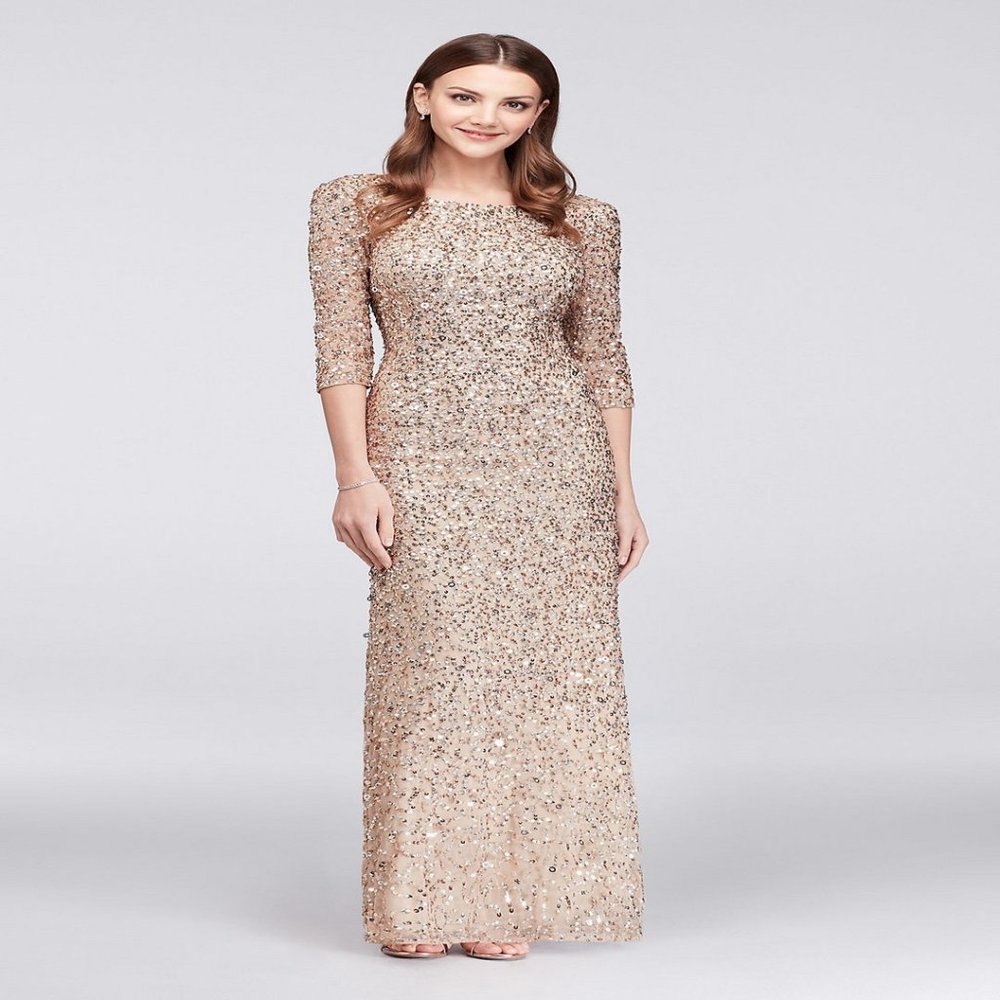ADRIANNA PAPELL beaded 3/4-sleeve scoop-back sequin gown Rose gold 8